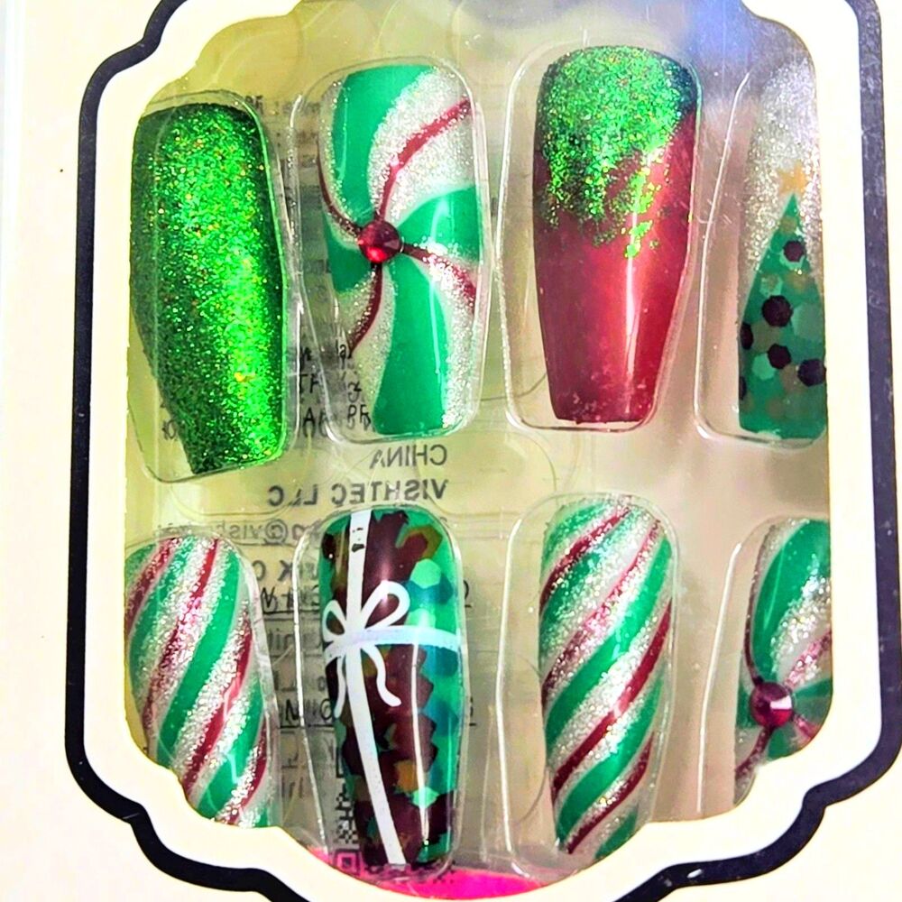 PRESS-ON NAILS Professional False Nail 24 Coffin/Ballerina Shape Christmas NEW